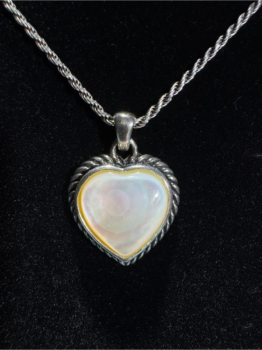 Mother of Pearl Heart Rope Pendant Sterling Silver Necklace